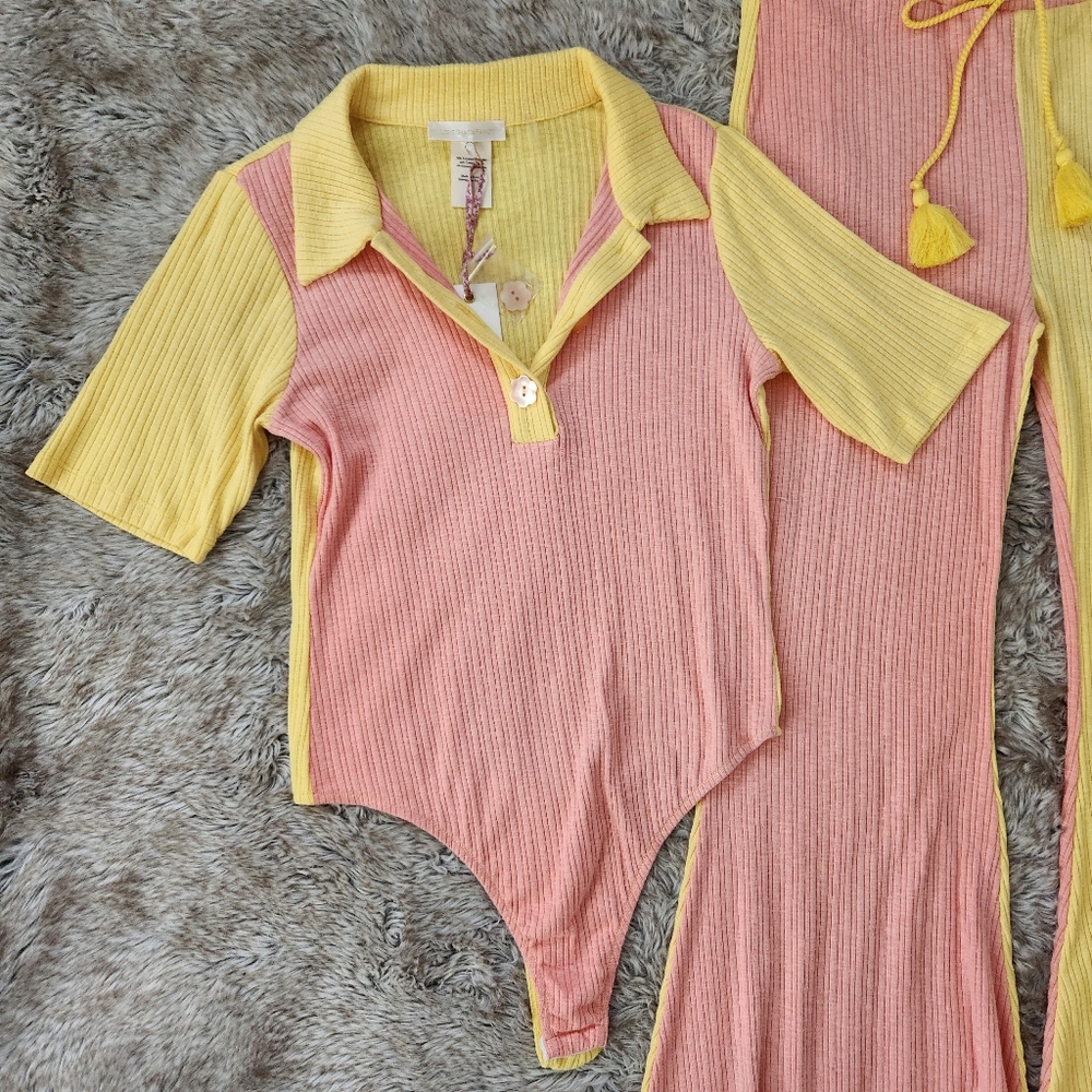 LoveShackFancy Lynx Bodysuit In Citrus Cupcake Pink &‎ Yellow Women's Size XL